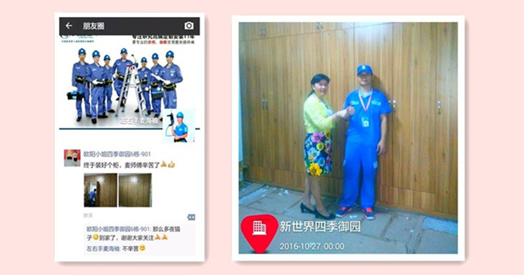業主對安裝好的家具豎起大拇指。